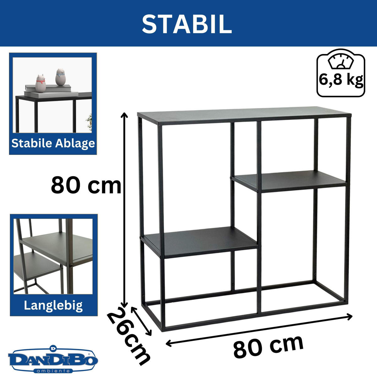 KONSOLENTISCH Schmal Metall Schwarz 80 x 80 x 26 cm - Schwarz, Metall (26/80/80cm) - DanDiBo
