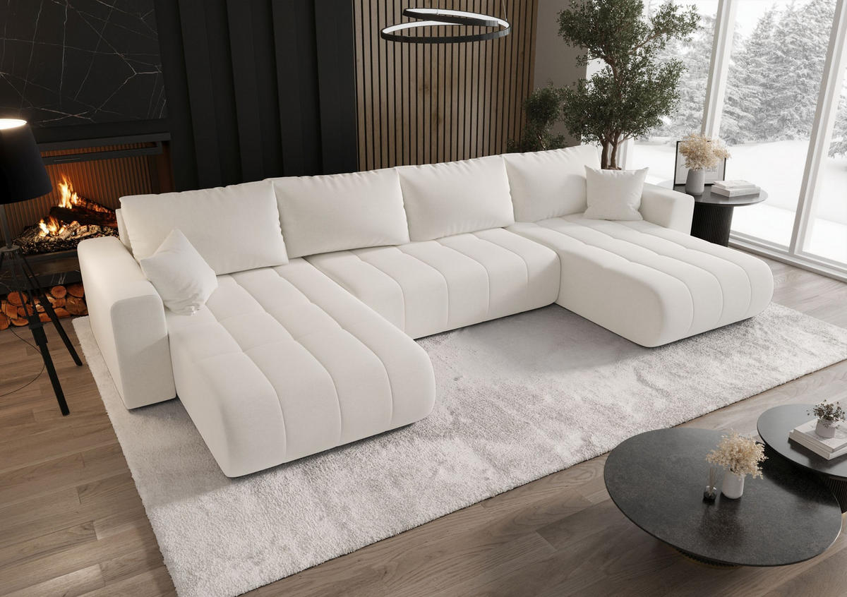 SEDACÍ souprava LARA tvar U bílá pletená tkanina Wind 2 - funkce spaní, úložný prostor - bílá, textil (385/85/175cm) - Cornero