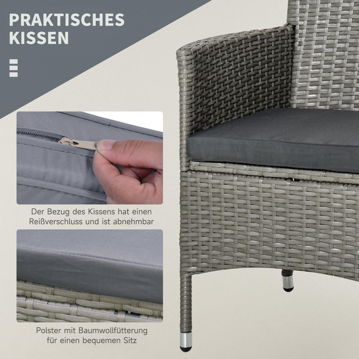 RATTAN Gartenmöbel Set mit Beistelltisch, Bistroset 3-tlg., Polyrattan + Stahl - Grau, Metall - Outsunny