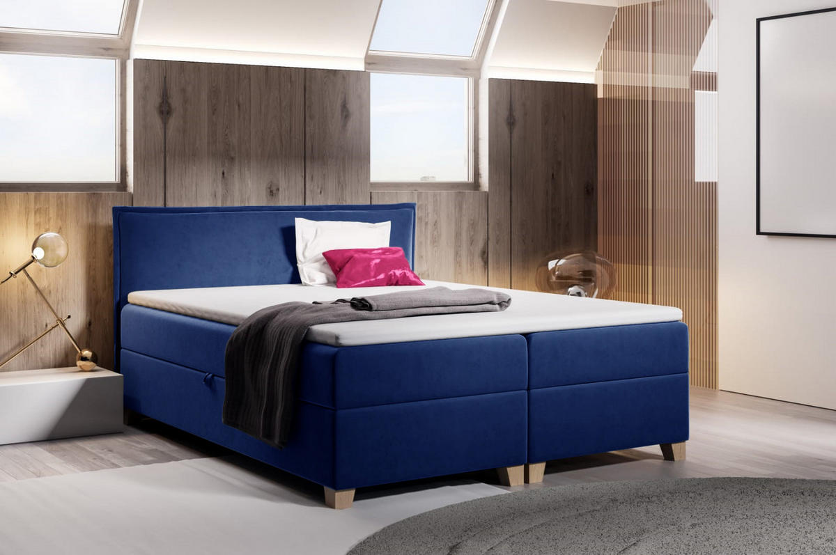 BOXBETT Fren - 180x200 - blau (Kronos 09, Velvet) - Blau/Beige, Holz/Holzwerkstoff (180/200cm) - Sofnet