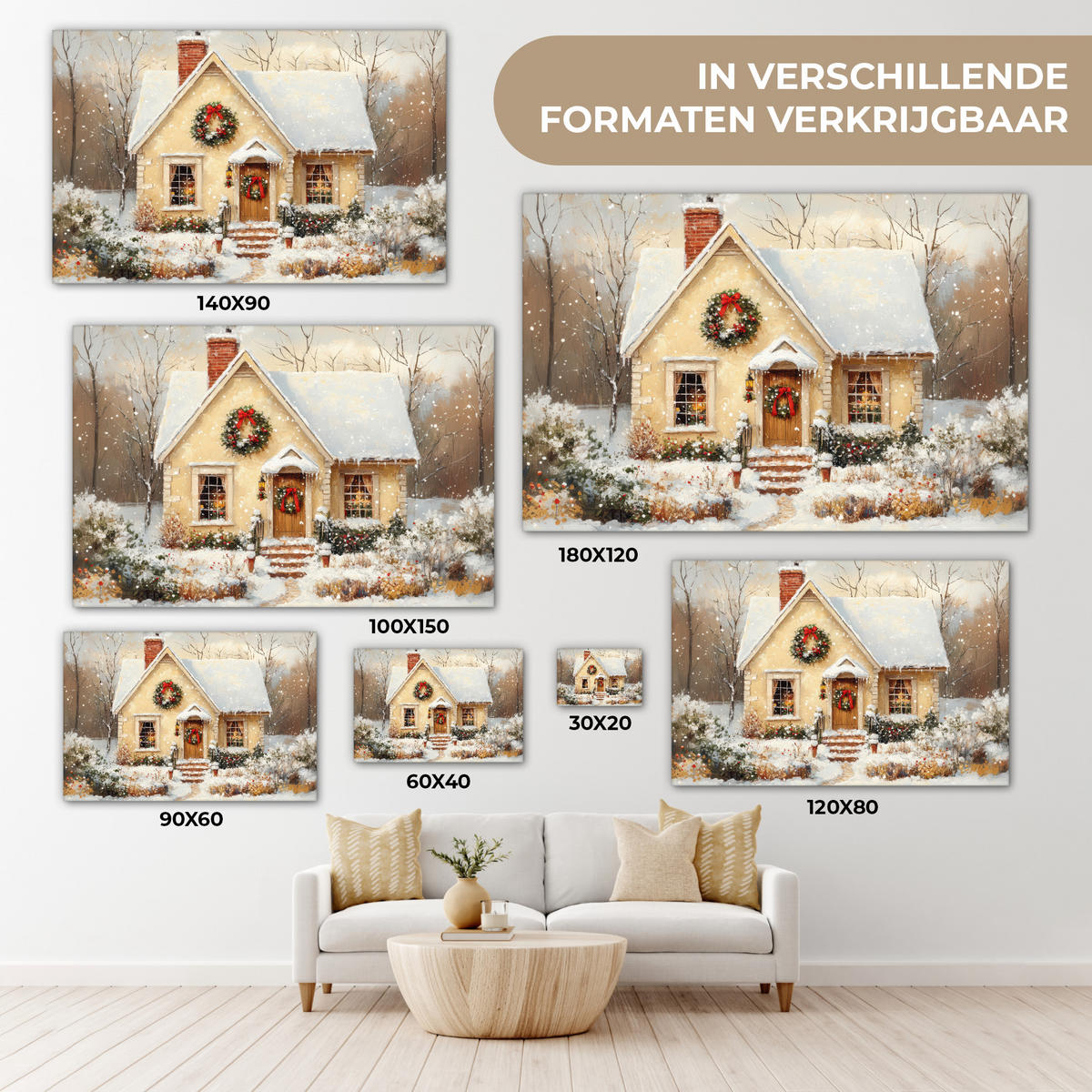 LEINWANDBILD Weihnachten - Zuhause - Winter - Schnee Gemälde 60x40 cm - Creme, Textil (60/40cm) - MuchoWow