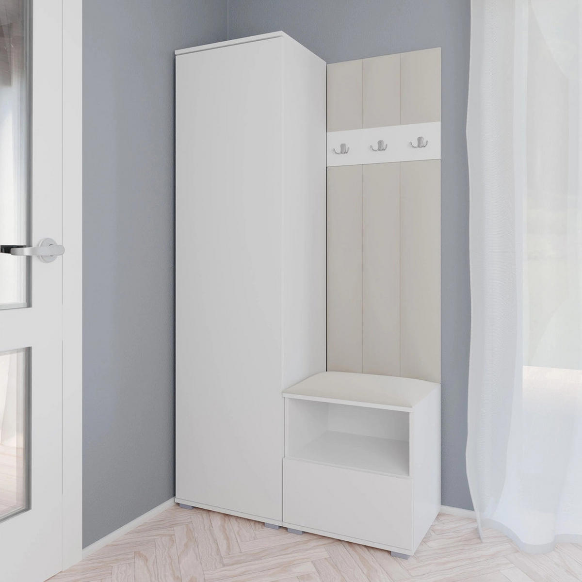 GEPOLSTERT Garderoben-Set Nela I LUX (Weiß + Stoff Trinity 01) - Silberfarben/Creme, Holz/Holzwerkstoff (100/187/40cm) - Ravio