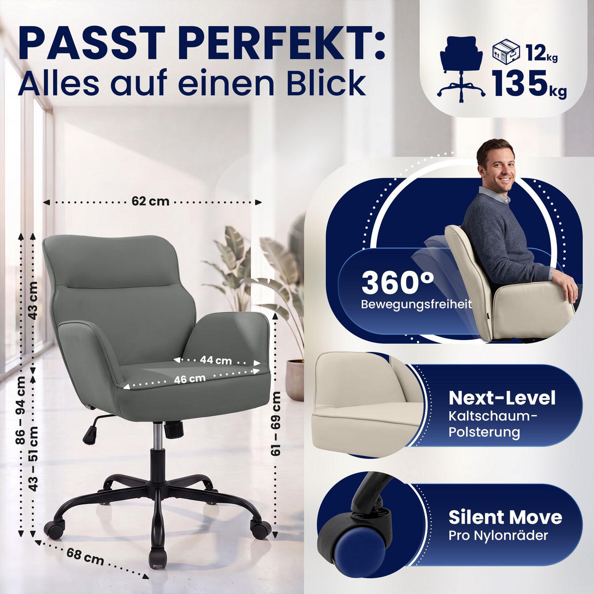 DREHSTUHL Lederlook Grau - Schwarz/Grau, Textil (62/86/68cm) - CLP