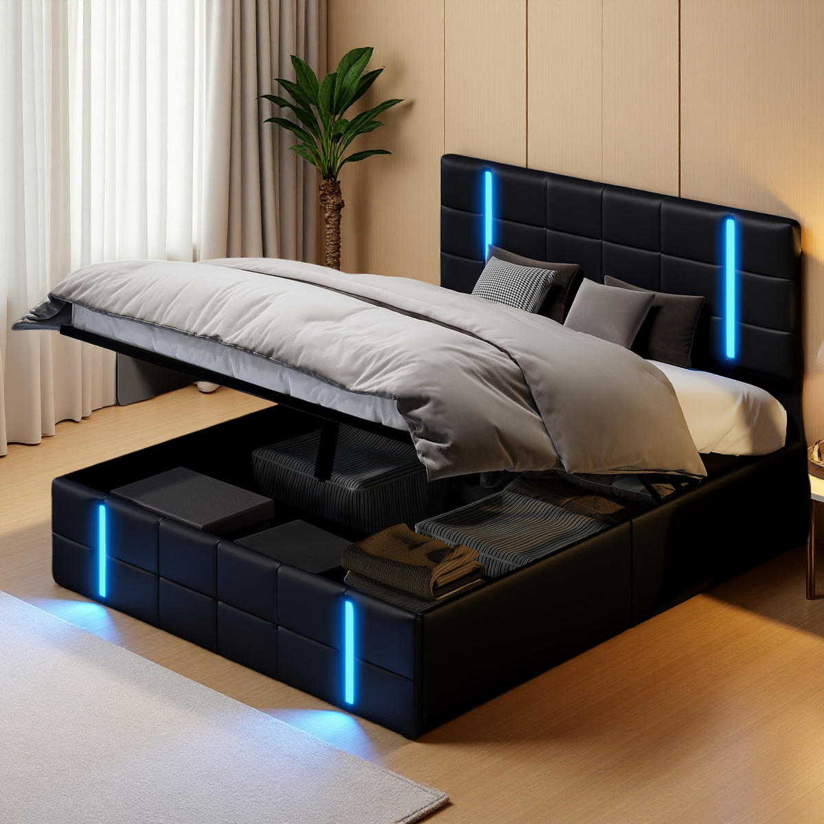 POLSTERBETT 160x200 cm Schwarz PU Leder LED USB Bettkasten - Schwarz, Holz (160/200cm) - SHOPENTRA