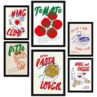 POSTER Set Mit 6 Von Lebensmitteln Im Pop Art Mit Tomaten Nudeln & Pizza A3 & A4 Schwarzer Rahmen - Schwarz, Papier (29/3cm) - Nacnic