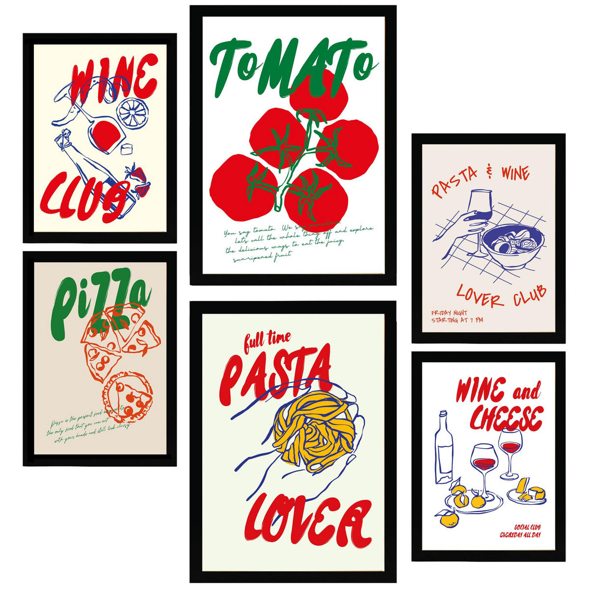 POSTER Set Mit 6 Von Lebensmitteln Im Pop Art Mit Tomaten Nudeln & Pizza A3 & A4 Schwarzer Rahmen - Schwarz, Papier (29/3cm) - Nacnic