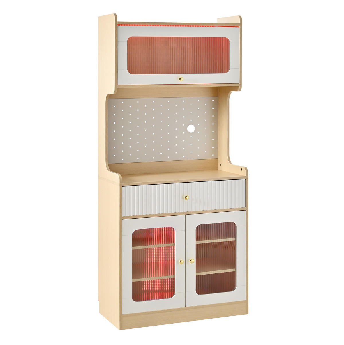 HIGHBOARD 80/40/180 cm in Natur/Weiß mit LED und Riffelglas - Naturfarben, Holzwerkstoff (80/180/40cm) - BEAOK