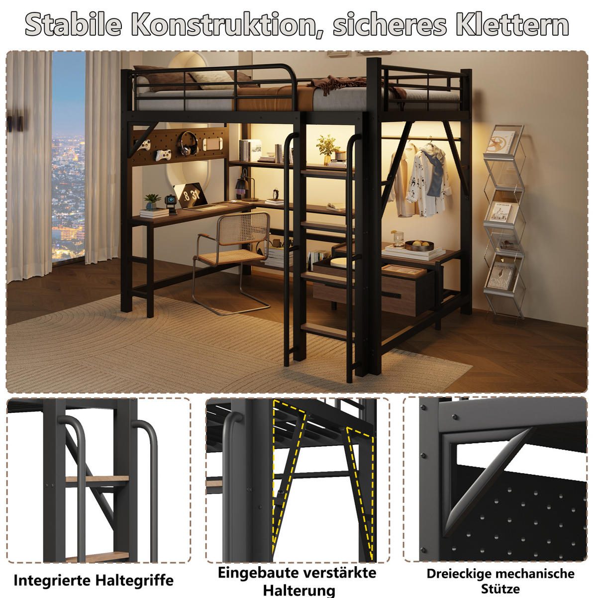 HOCHBETT aus Metall und MDF 140x200 cm Schwarz mit Schreibtisch, LED-Lichtleiste, USB und Stauraum - Schwarz, Holzwerkstoff (140/200cm) - Modfu