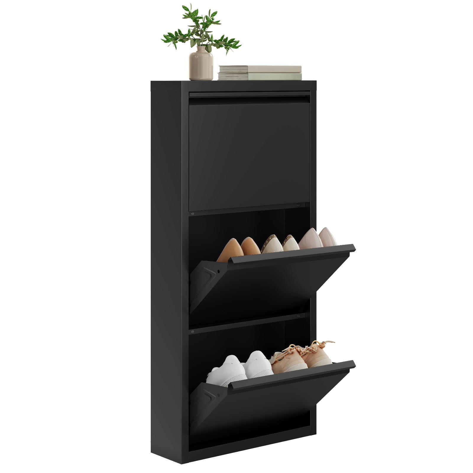 SCHUHKIPPER mit 3 Klapptüren, 50 x 106 x 15 cm, Schwarz - Schwarz, Metall (50/106/15cm) - Kaket