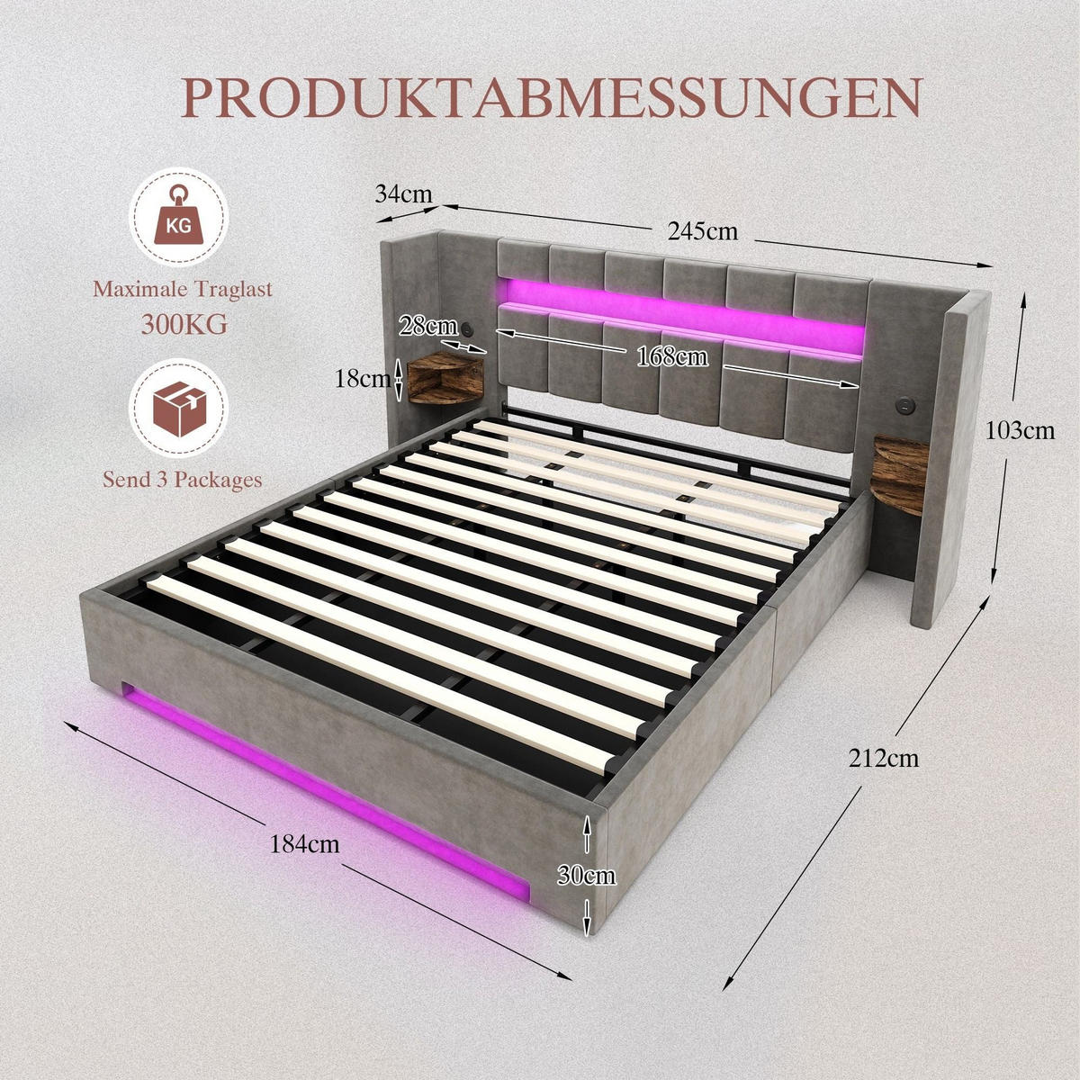 BOXBETT 180/200 mit Bettkasten, LED, USB/Typ C-Ladeanschluss,Samt,Grau - Grau, Metall (180/200cm) - LVHOM