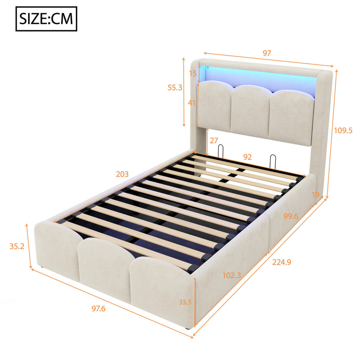 ČALOUNĚNÁ postel 90x200 cm s USB a Typ-C, LED osvětlením, úložným prostorem a sametovým čalouněním, Béžová - béžová, textil (90/200cm) - Redom