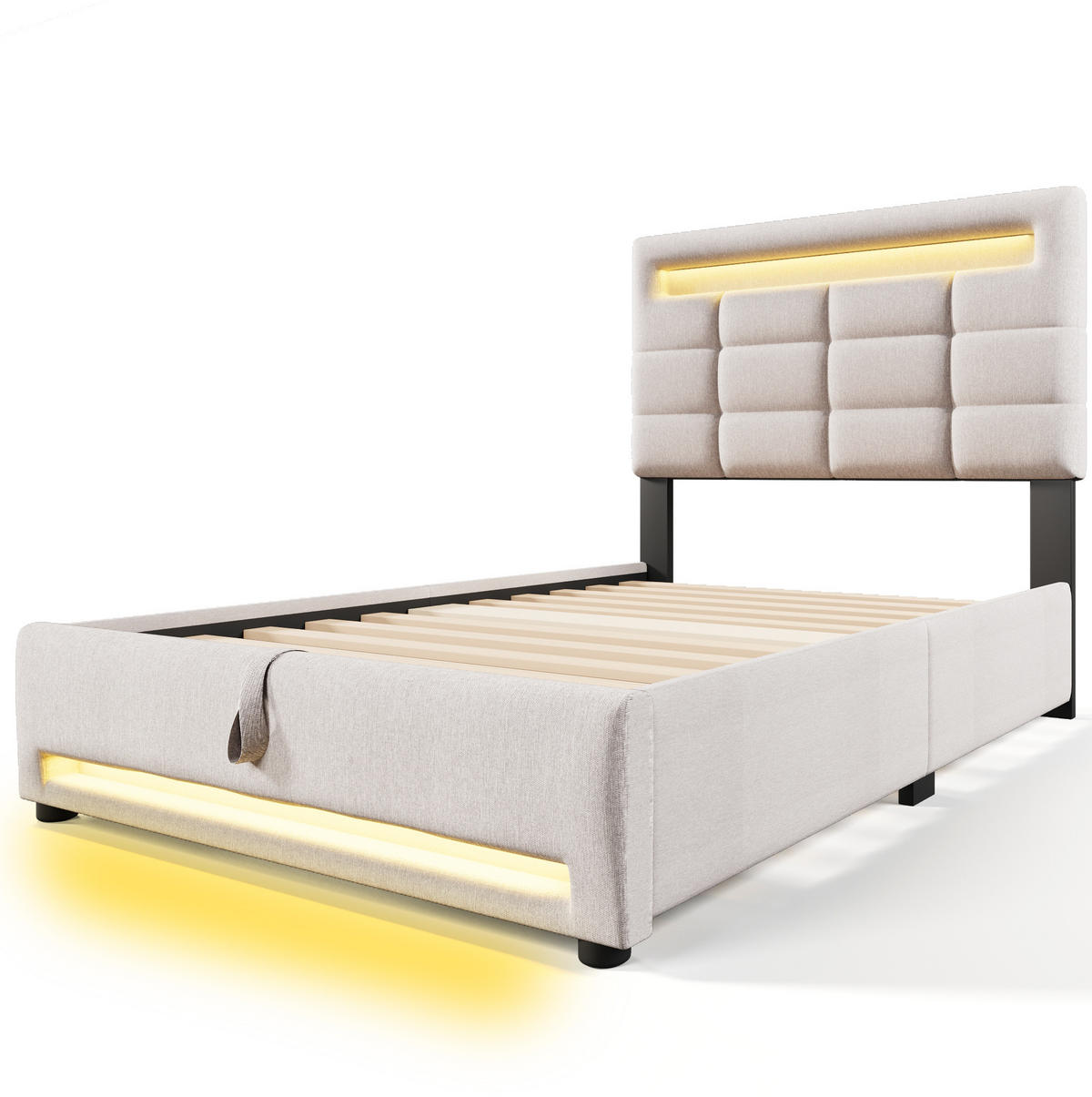 BETT mit Stauraum und LED 90x200 cm Leinen Beige - Beige, Metall (90/200cm) - Meubliv