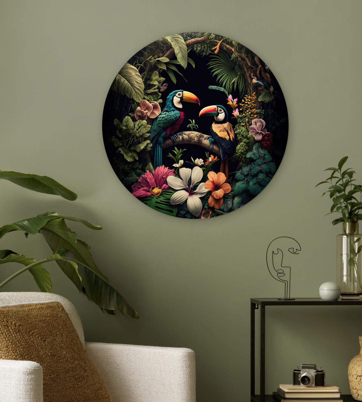 WANDBILD Vogel - Blumen - Pflanzen - Dschungel - Schwarz - Tukan Wanddeko Schlafzimmer 60x60 cm - Smaragdgrün, Kunststoff (60/60cm) - MuchoWow