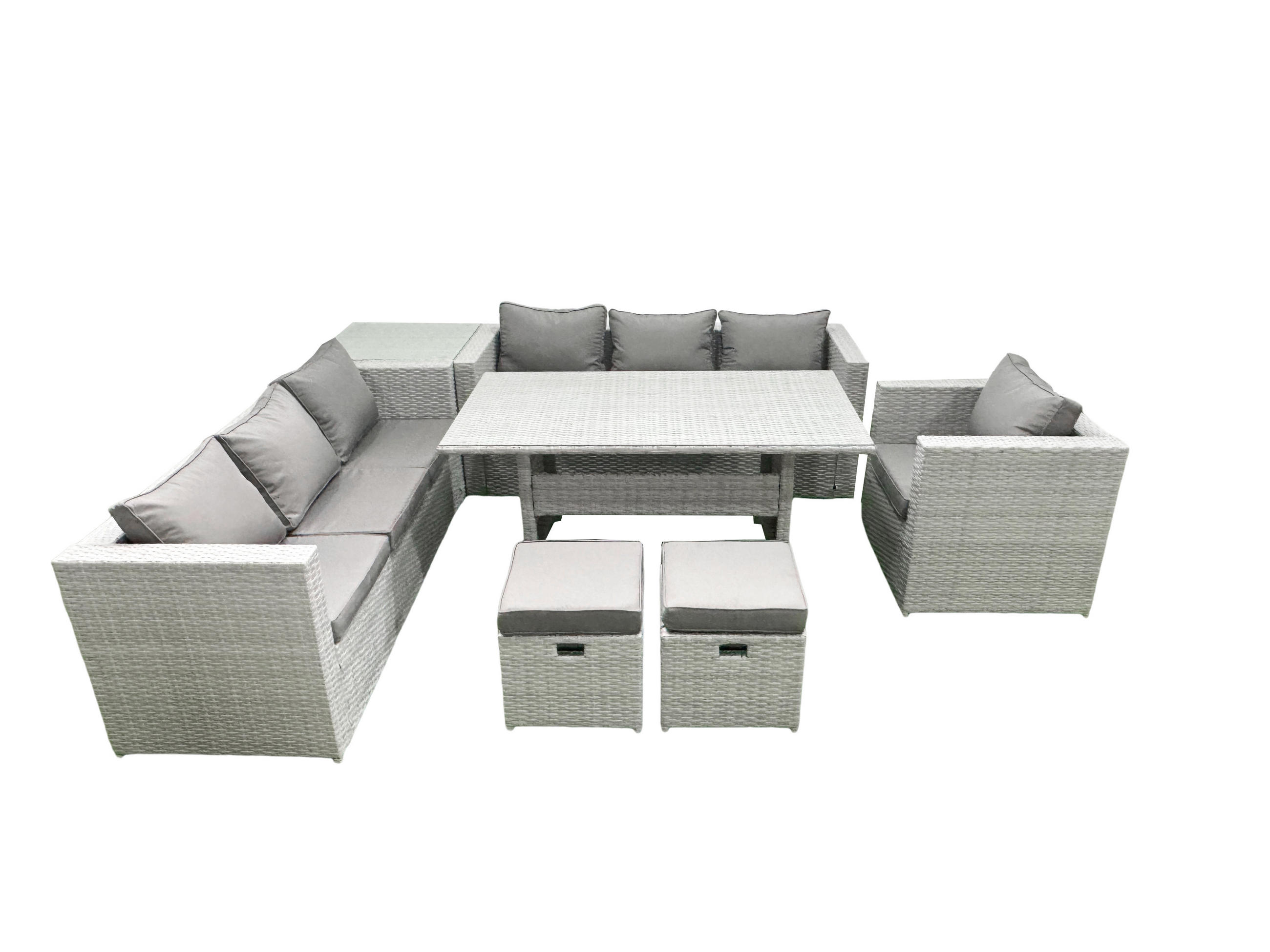 GARTENMÖBEL SET mit 3-Sitzer-Sofa und Sessel, Esstisch,2 Hockern,Beistelltisch Polyrattan Hellgrau 9-Sitzer - Hellgrau/Grau, Glas/Kunststoff - Fimous