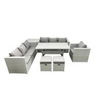 GARTENMÖBEL SET mit 3-Sitzer-Sofa und Sessel, Esstisch,2 Hockern,Beistelltisch Polyrattan Hellgrau 9-Sitzer - Hellgrau/Grau, Glas/Kunststoff - Fimous