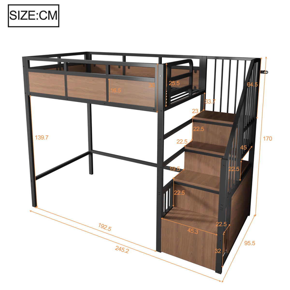 HOCHBETT 90/200 cm in Schwarz mit Stauraumleiter und LED - Schwarz, Holzwerkstoff/Metall (90/200cm) - STILVORA