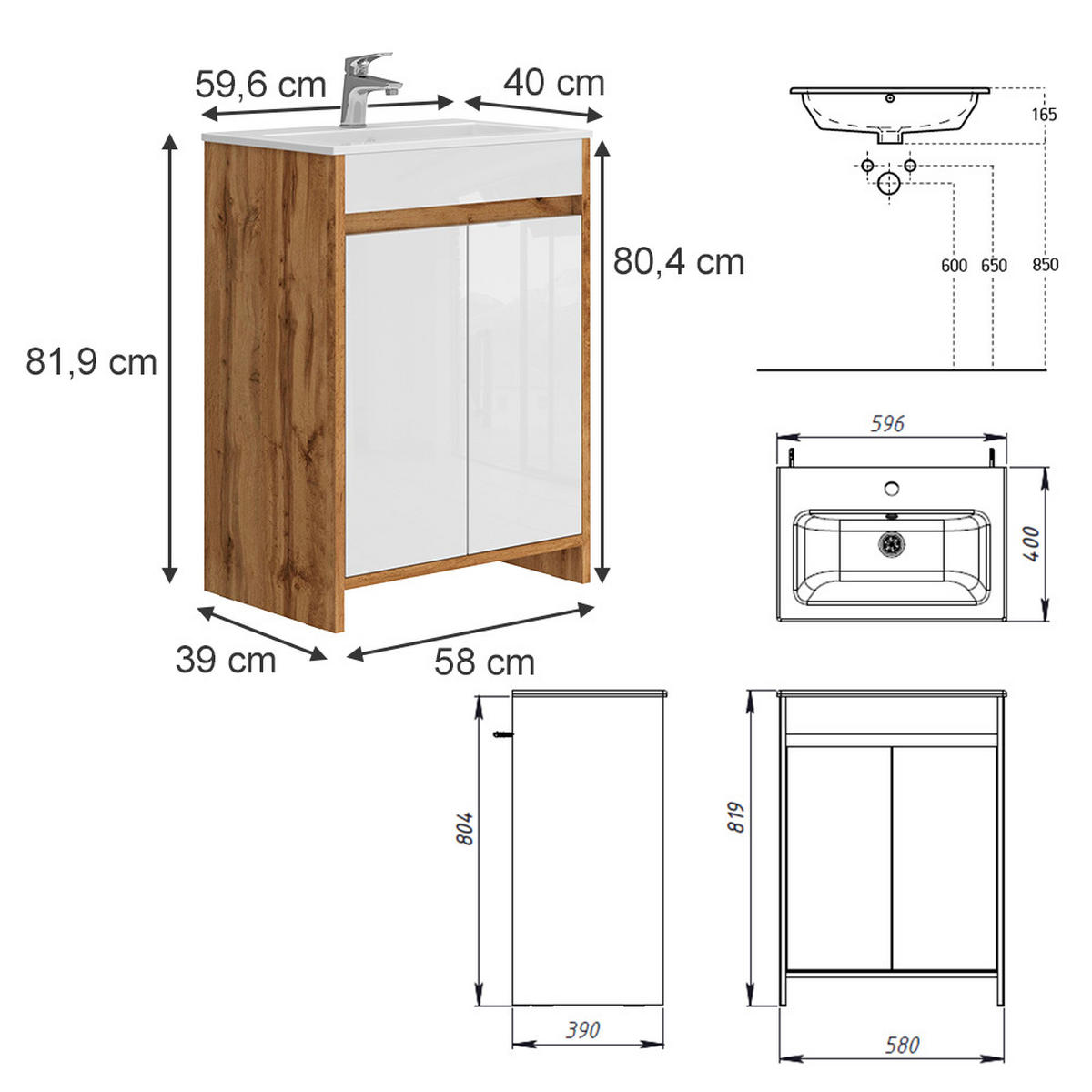 VANITY UNIT Lemgo Zlatý mocný dub - medově dubová, kompozitní dřevo (59.6/81.9/40cm) - Vicco