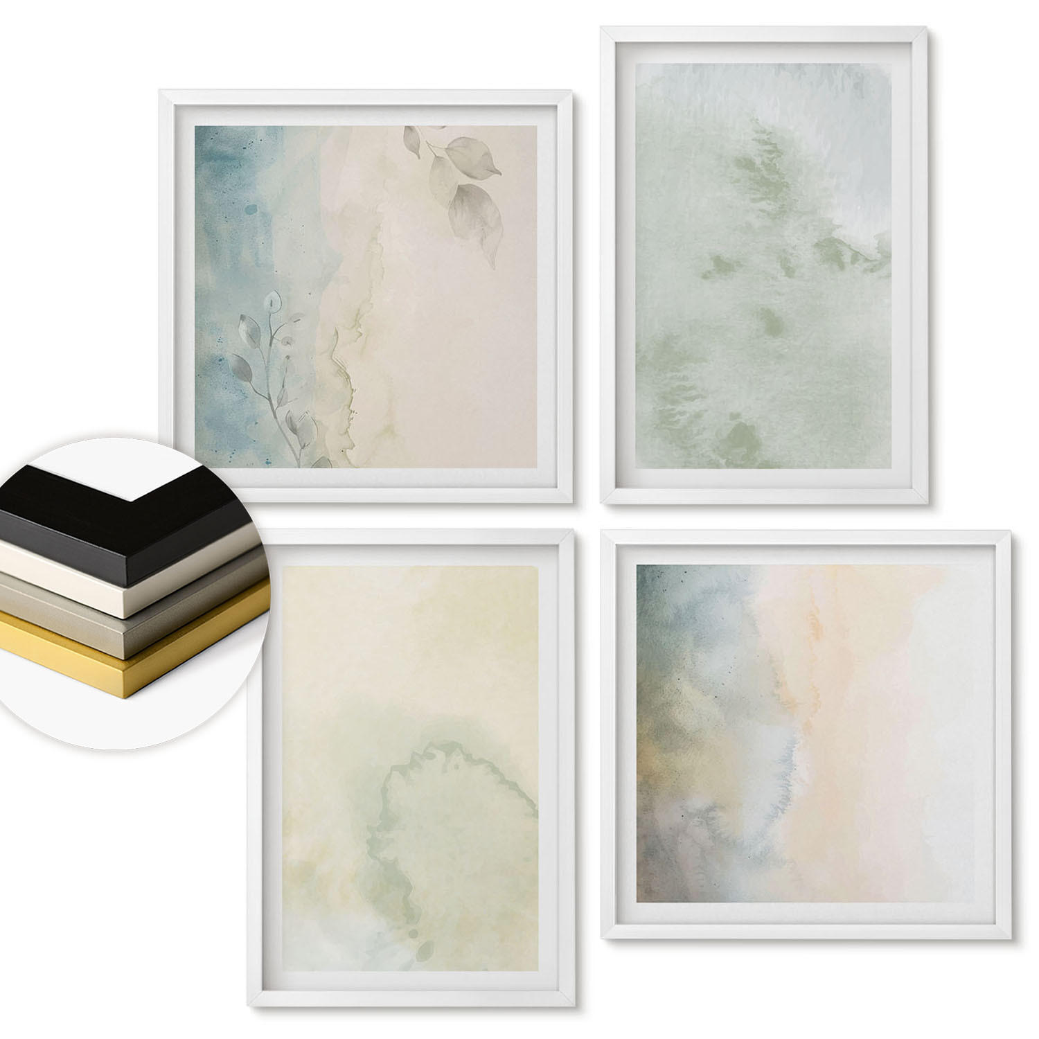 WANDBILDER 4er-Set - 50x50 cm & 40x60 cm Weißer Rahmen - Pastellfarbene Aquarell-Leinwandtextur - Weiß, Kunststoff (50/50cm) - ArtPrintCave