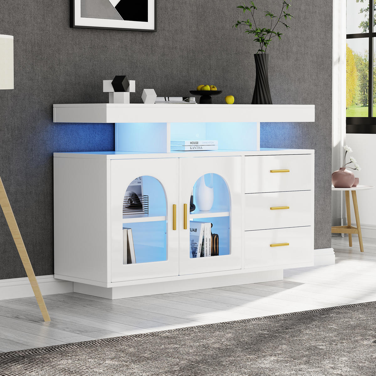 SIDEBOARD 120/40/80 cm Weiß aus Spanplatte mit LED und Hochglanzfront - Weiß, Holzwerkstoff (120/80/40cm) - OKWISH