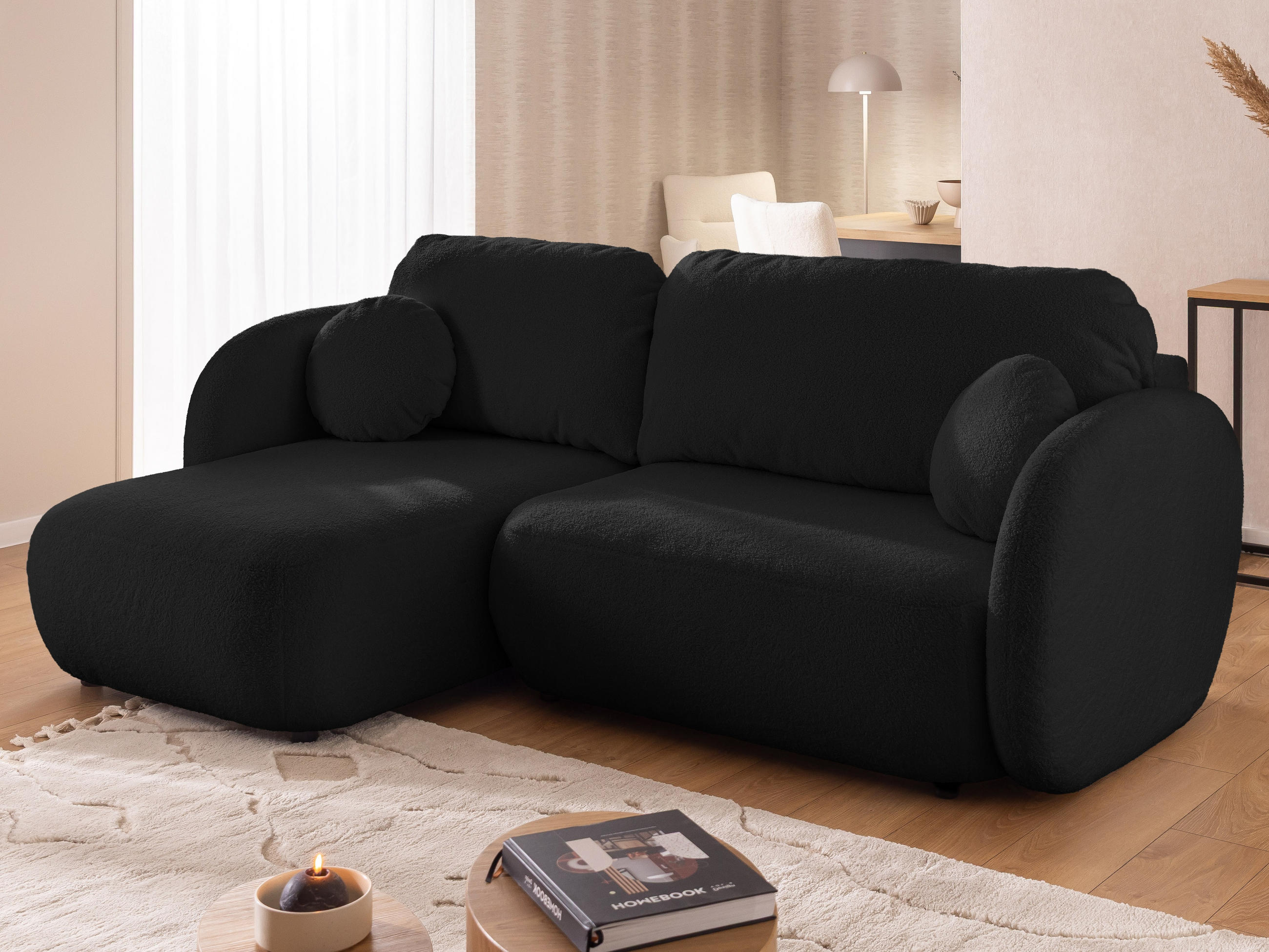 ECKSOFA Candy mit Schlaffunktion Schwarz Bouclé-Stoff - Ottomane links - Schwarz, Holz/Kunststoff (230/146cm) - S-Style Möbel