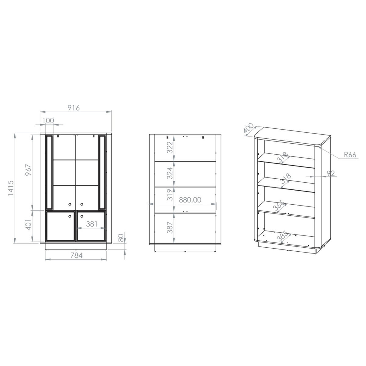 VITRINE Vilavio 4-türig Kaschmirgrau/Eichenoptik 92 cm - Taupe/Dunkelbraun, Holzwerkstoff (91.6/141.5/40cm) - Selsey