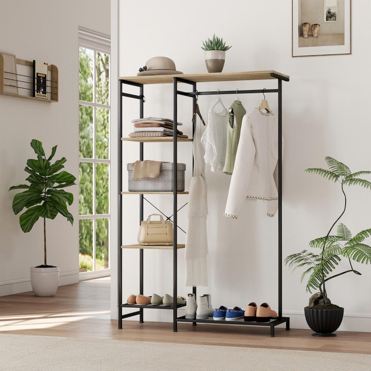 STANDGARDEROBE 100/35/156 cm mit Kleiderstange, Schuhablage und Ablage in Eiche - Eichefarben, Metall (100/156/35cm) - BEAOK