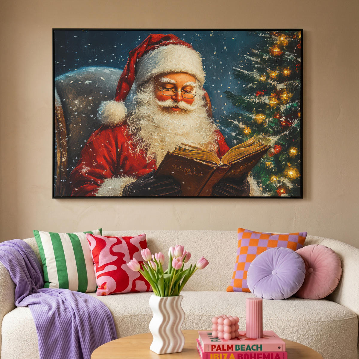 LEINWAND Bilder mit Rahmen - Weihnachtsmann - Weihnachten - Winter - Weihnachtsbaum - 150x100 - Bordeaux, Textil (150/100cm) - MuchoWow