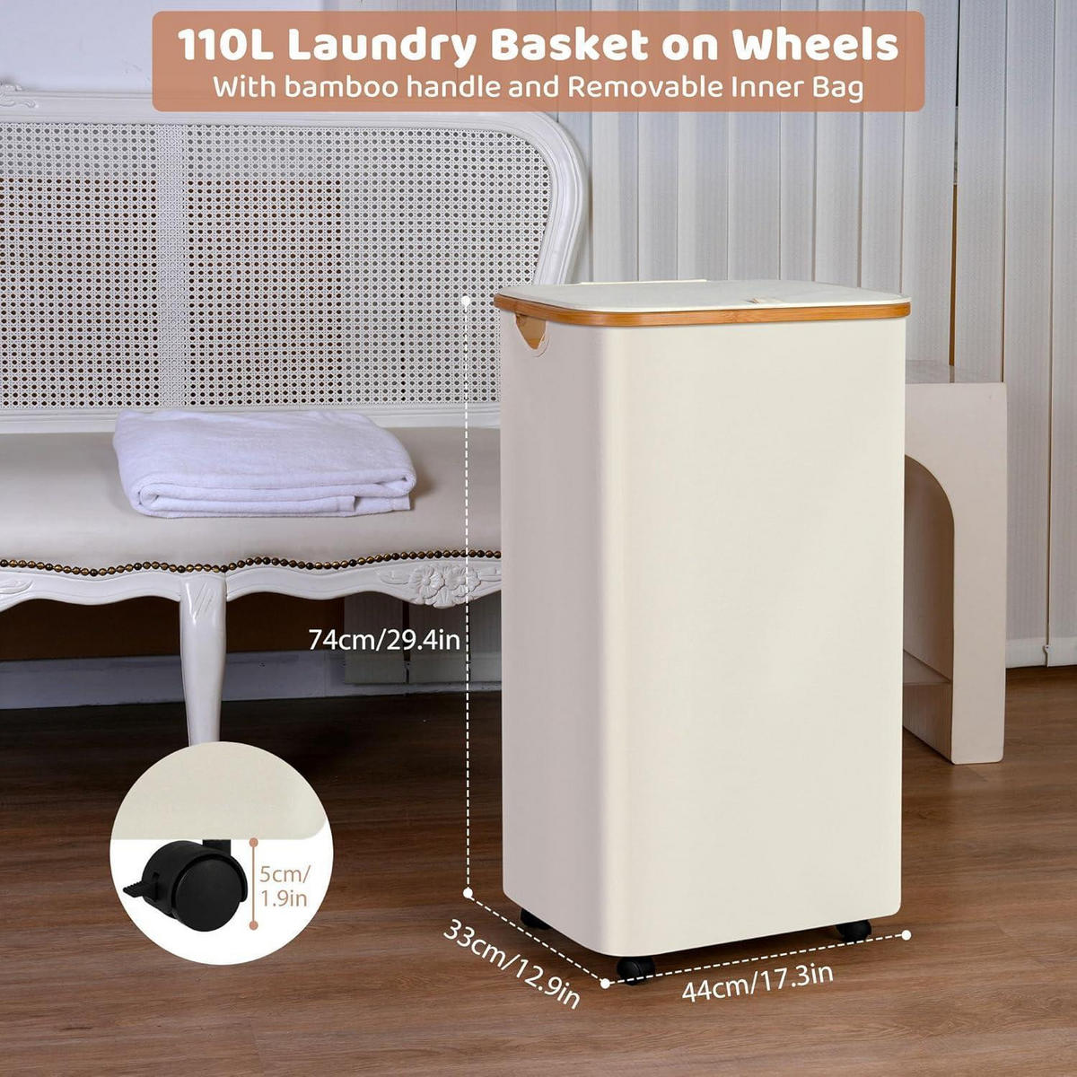 WÄSCHEKORB mit Deckel und Rollen 110L Beige - Creme, Textil (33/79/44cm)