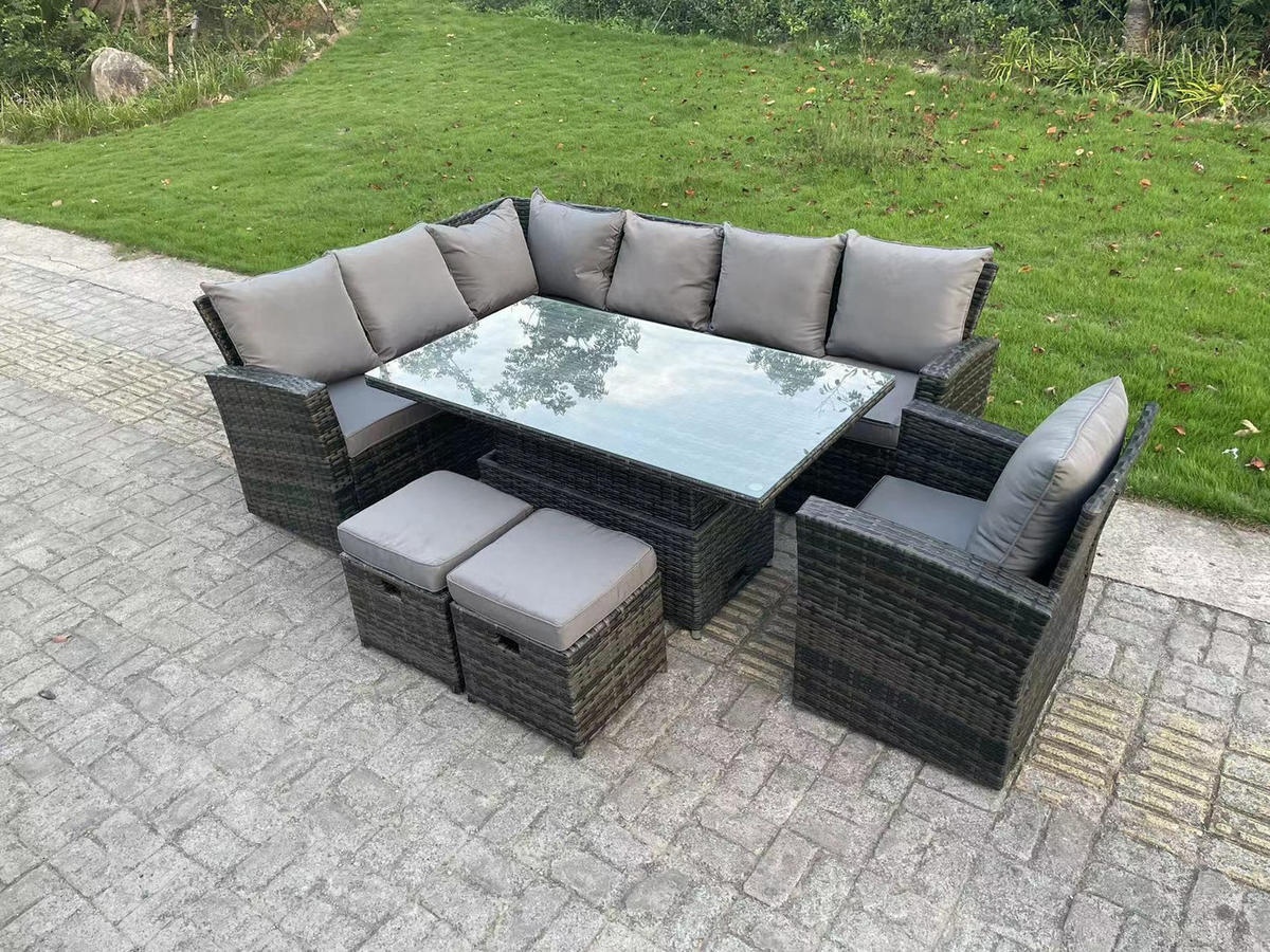 GARTENTISCHGRUPPE Polyrattan Dunkelgrau 9-Sitzer - Dunkelgrau/Grau, Glas/Kunststoff - Fimous