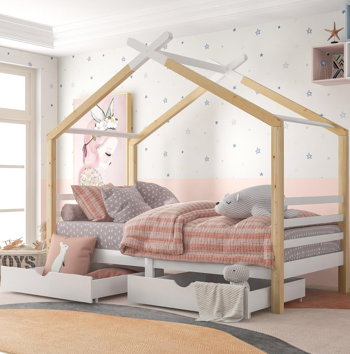 HAUSBETT 90/200 cm in Weiß – mit Satteldach, 2 Schubladen und Liegefläche 90/200 cm - Weiß, Holz (90/200cm) - BEAOK