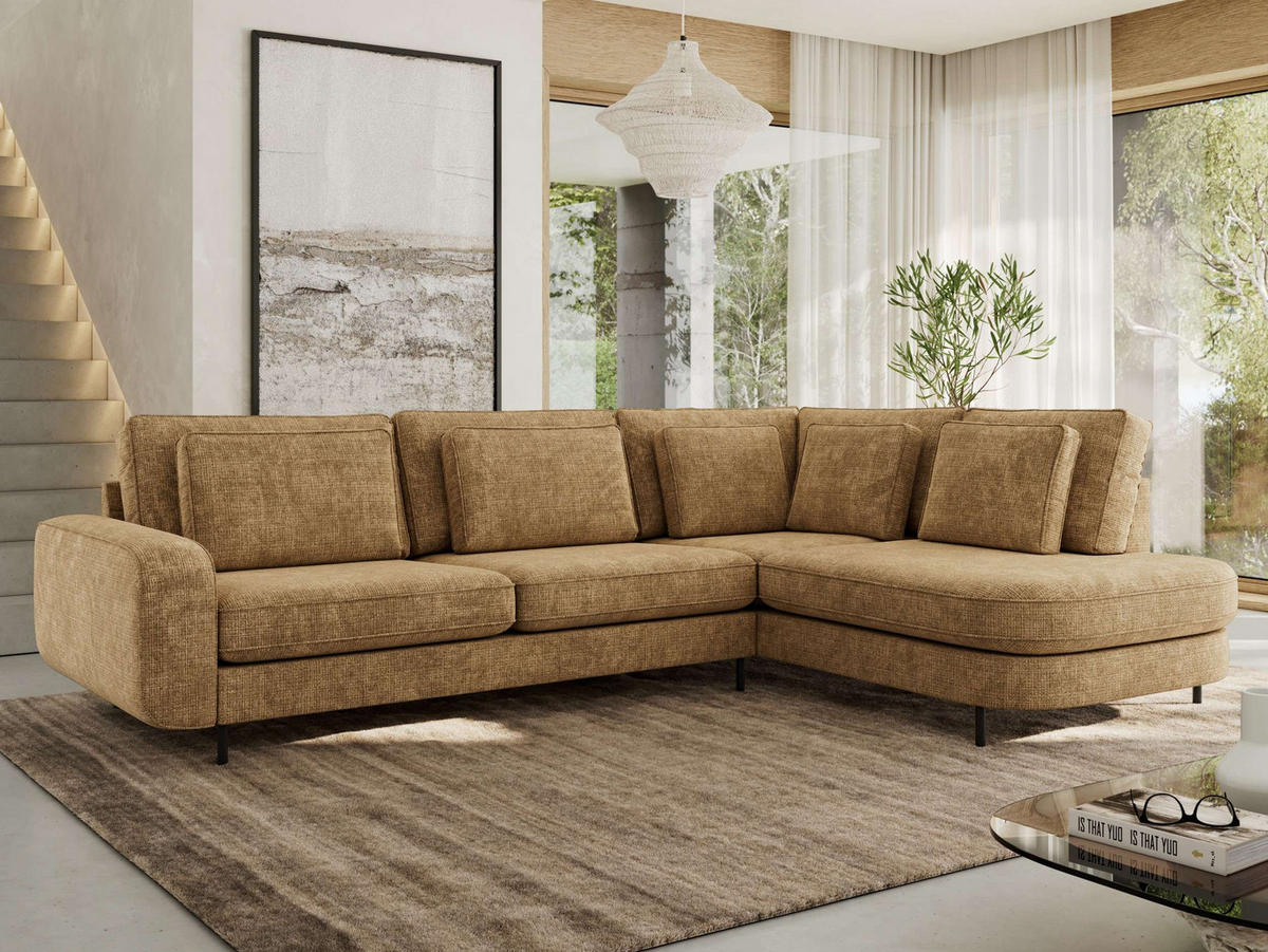 ROHOVÁ SEDAČKA CALENO L - Světle hnědá hladký senil - Levá Strana - černá/světle hnědá, kov/textil (317/225cm) - MKS