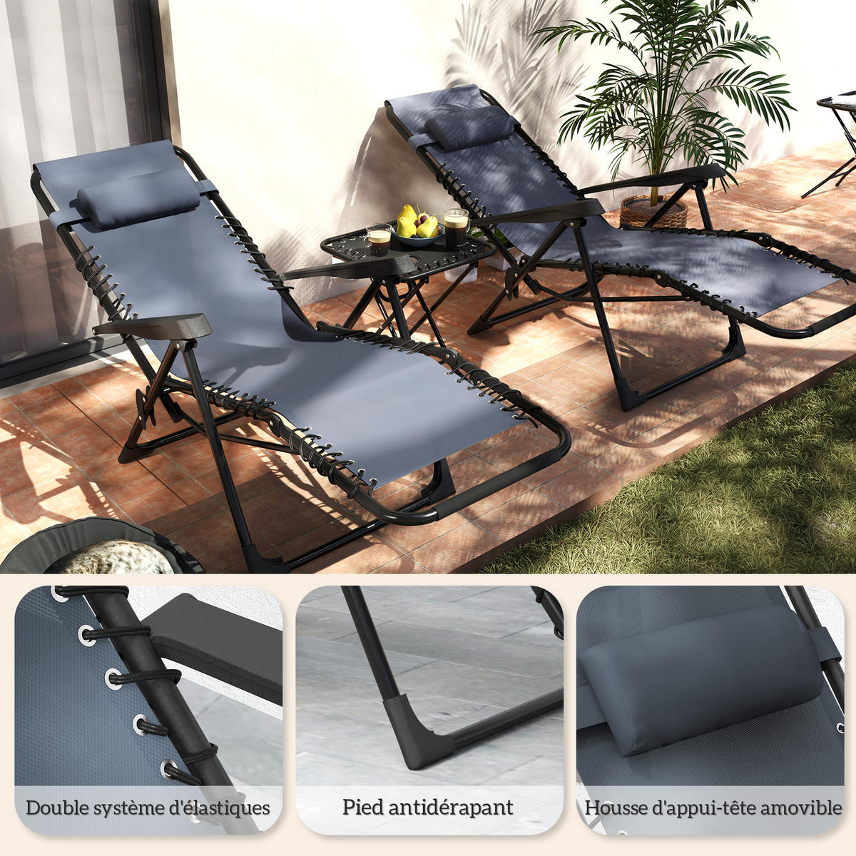 SONNENLIEGE 2er-Set DE-15649 mit Tisch, 5-fach verstellbar Grau - Grau, Metall (65/110/90cm) - ComfortXL