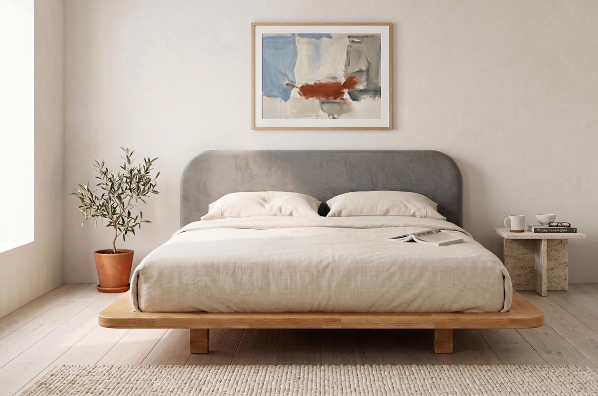 MASSIVHOLZBETT Eyko BORA, 180/200, Buche - lackiert, Samt-Kopfteil Grau - Buchefarben/Grau, Holz/Textil (180/200cm)
