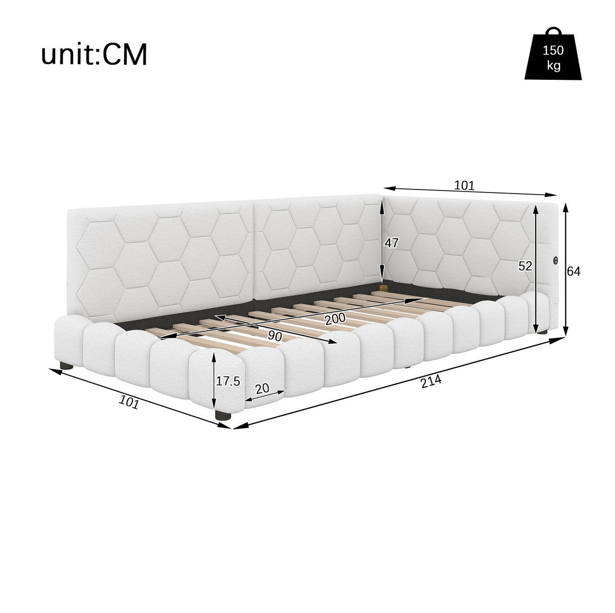 KREVET 90/200 cm od baršuna s LED osvjetljenjem, USB i Type-C priključkom, bez madraca, Bijela - bijela, tekstil (90/200cm) - Redom