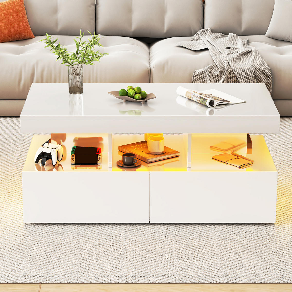 COUCHTISCH mit LED Stauraum Schublade 104x53x46 cm - Weiß, Holzwerkstoff (104/53/46cm) - SHOPENTRA