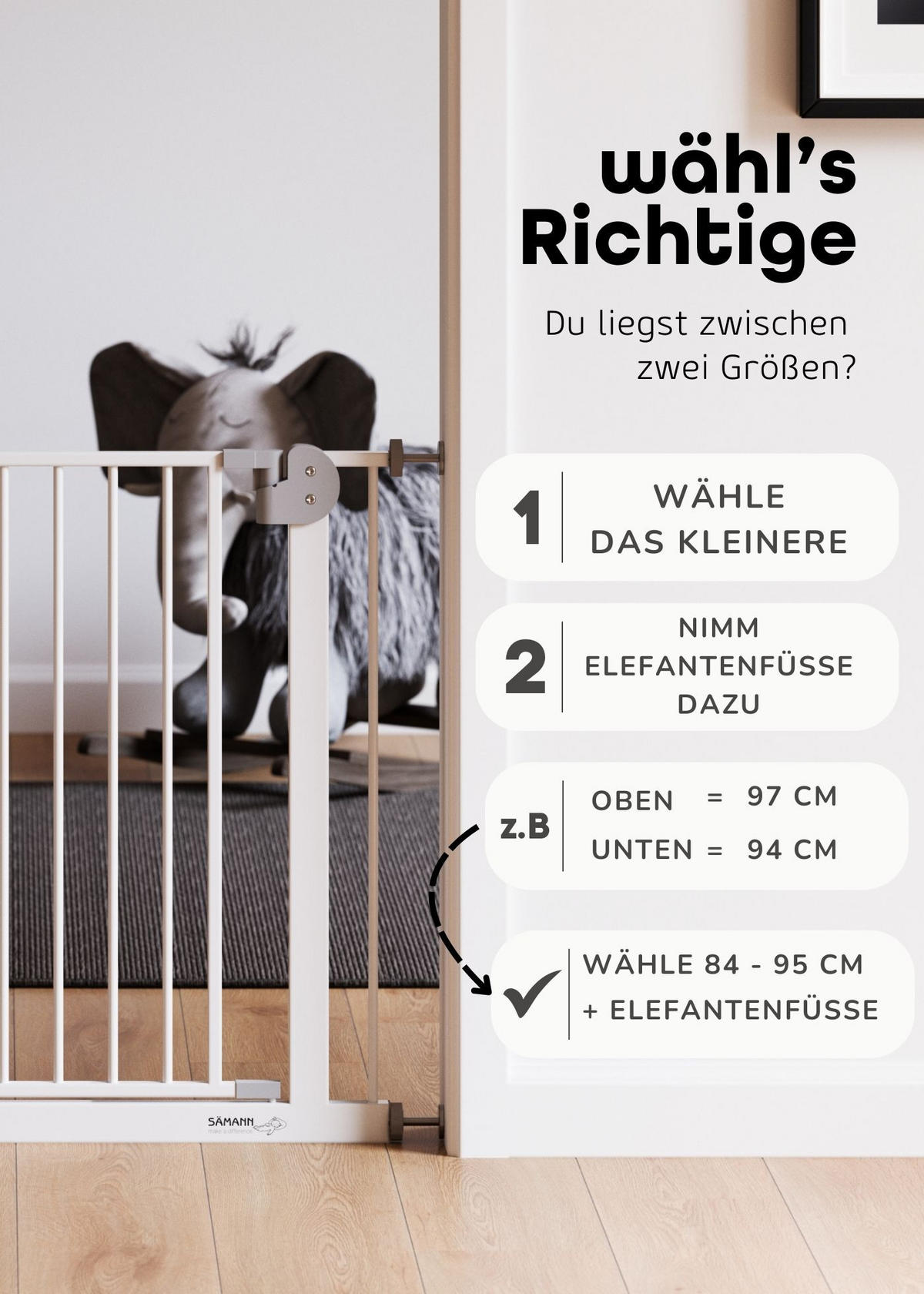 TÜRSCHUTZGITTER & Treppenschutz, Tür mit 90° Stop, ohne Bohren 105-115 cm - Weiß, Metall (115/5cm) - Sämann – make a difference.