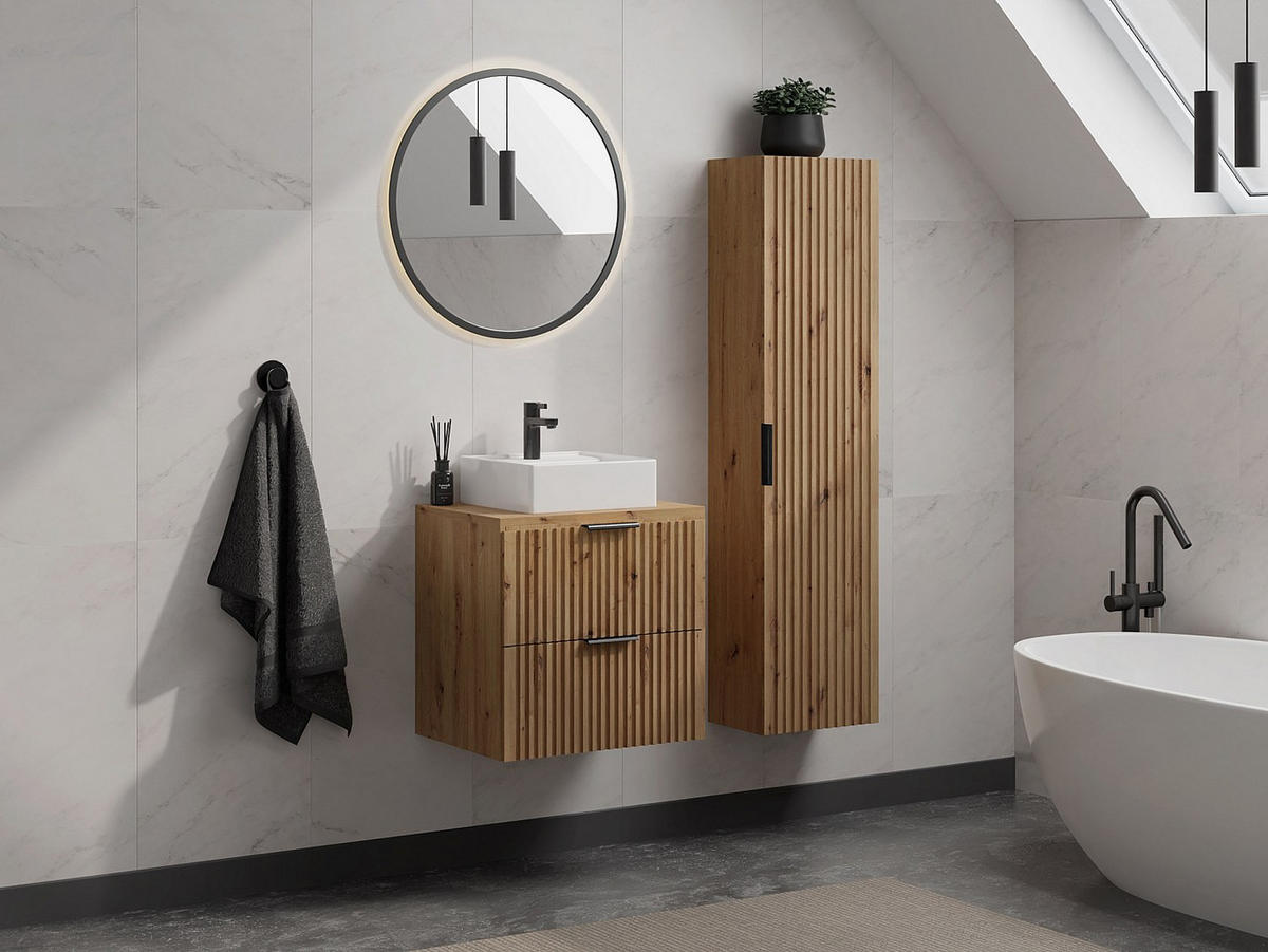 WASCHBECKENUNTERSCHRANK hängend mit Ablagen & Aufsatzwaschbecken quadratisch – Streifenoptik – Hell-Natur – L60 cm – ZEVARA - Naturfarben, Holz (60/57/46cm) - Vente-Unique