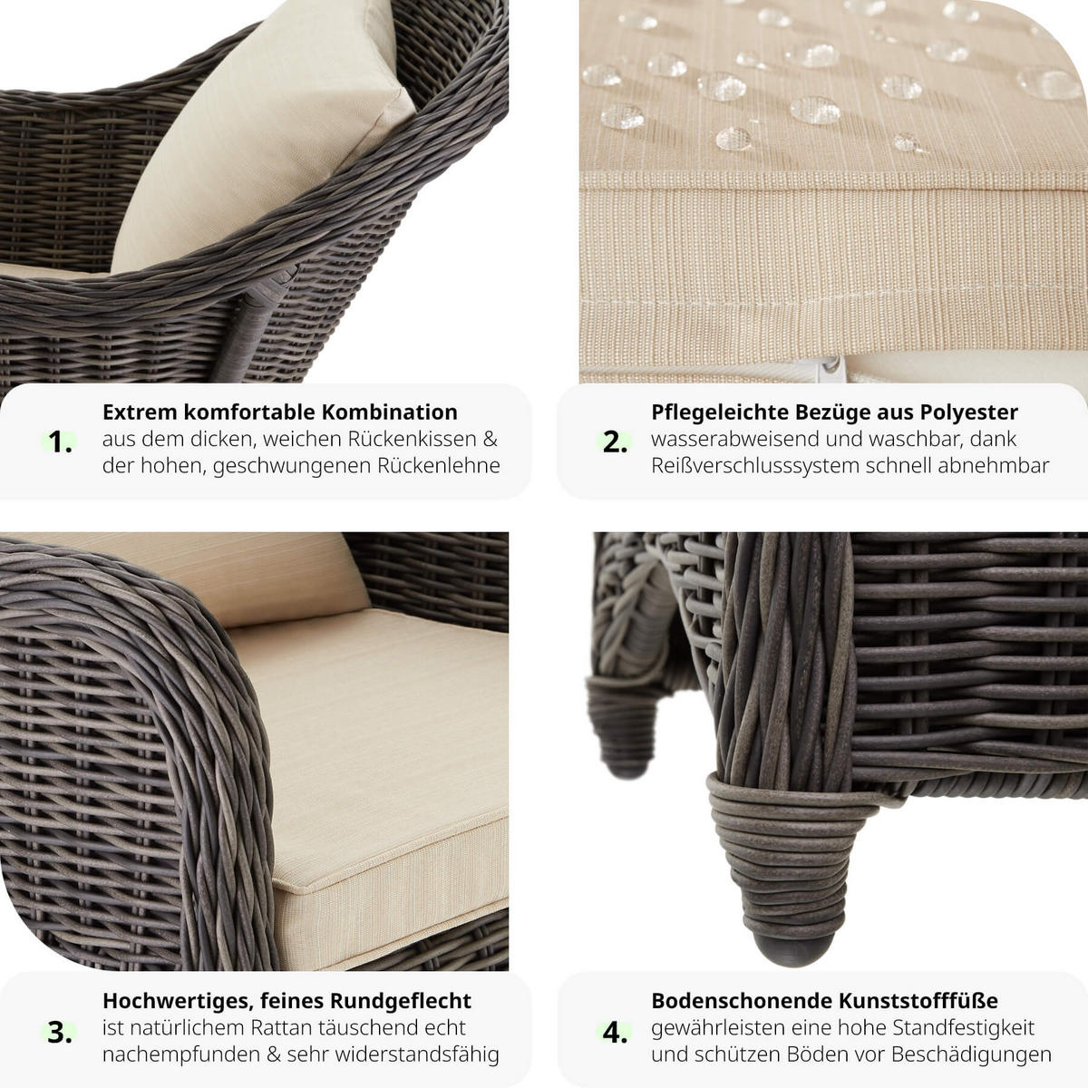 RATTANSESSEL 4er Set, 71 x 60 x 84 cm,grau - Grau, Kunststoff (60/84/71cm) - tectake
