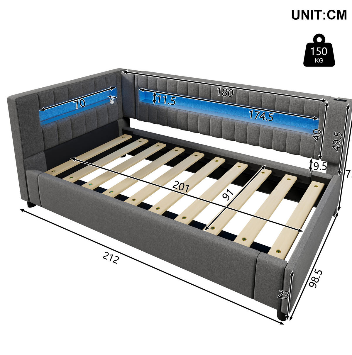 KINDERBETT aus Leinen 90x200 cm in Grau mit LED-Beleuchtung & USB-C - Grau, Textil (90/200cm) - Modfu
