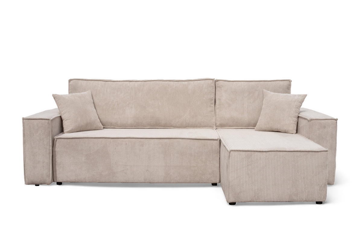 ECKSOFA Hugo L in L-Form mit Schlaffunktion und Bettkasten, Farbe: Beige, Cordstoff, Ottomane Unsiversal - Beige, Textil (244/145cm) - VENASI MÖBEL