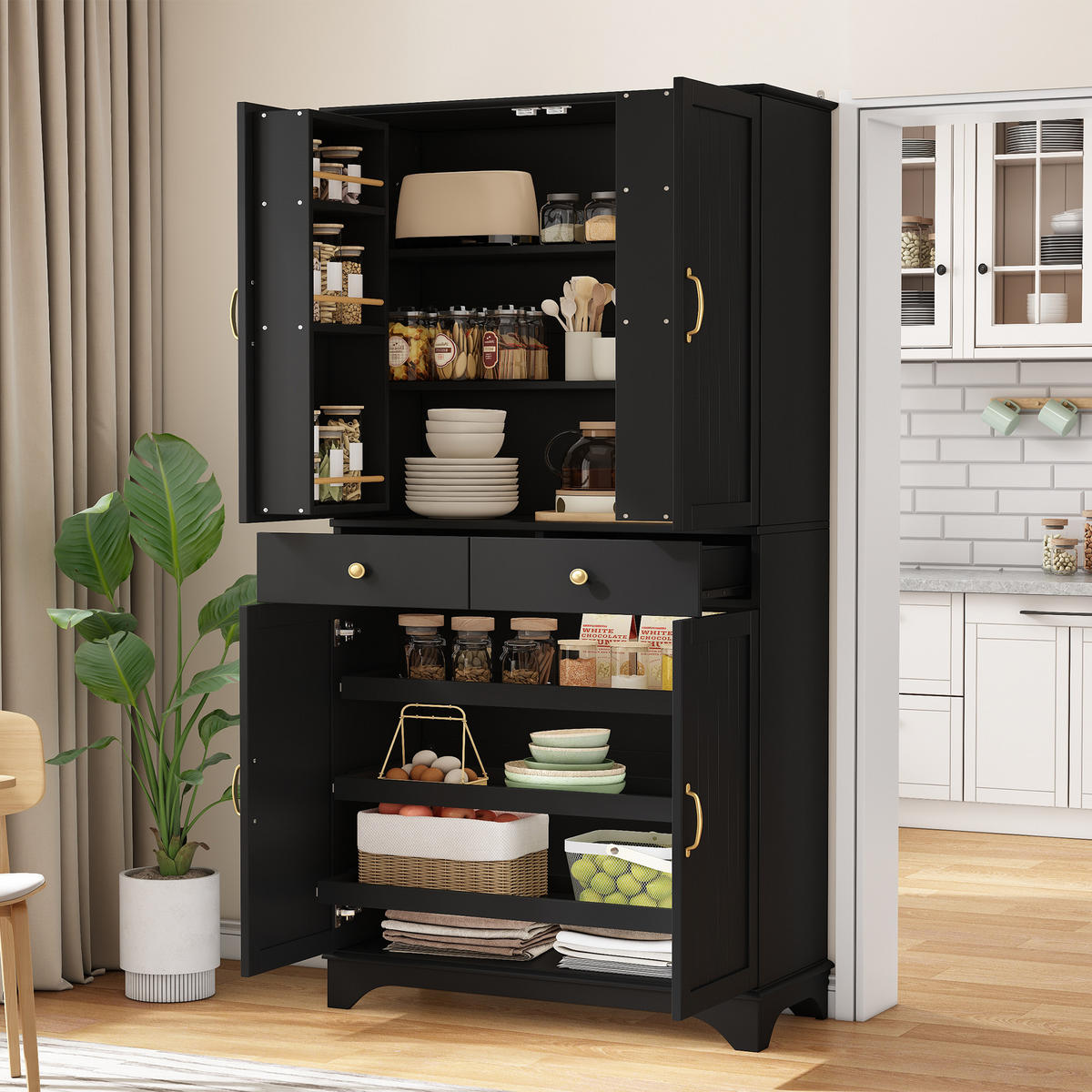 BUFFETSCHRANK Schwarz 77/40/181 cm - Schwarz, Holz (77/181/40cm) - PANGIVO