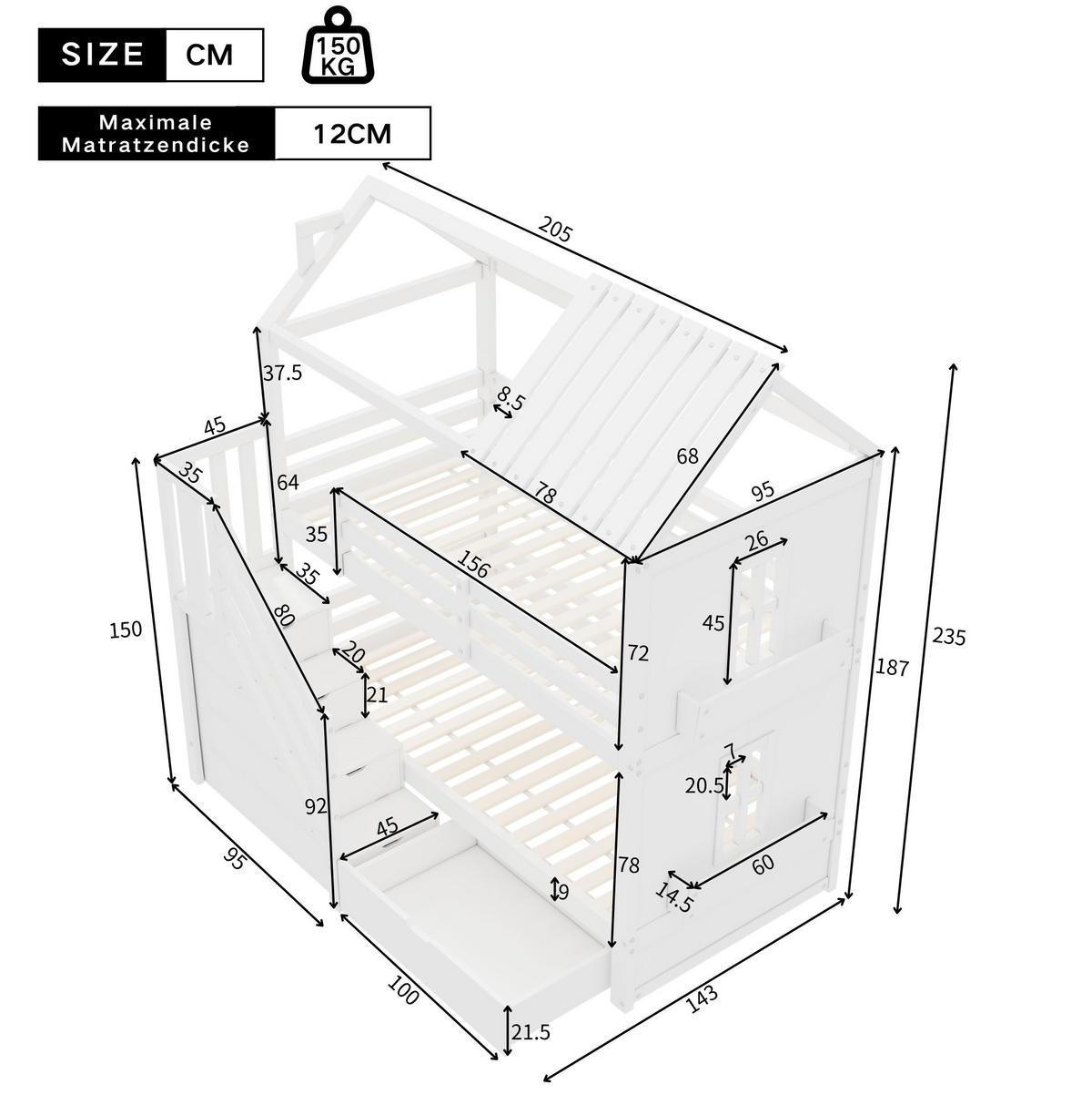 ETAGENBETT aus Kiefer und MDF 90x200 cm Weiß mit Stauraumtreppe, Schubladen und Regalen - Weiß, Holzwerkstoff (90/200cm) - Modfu