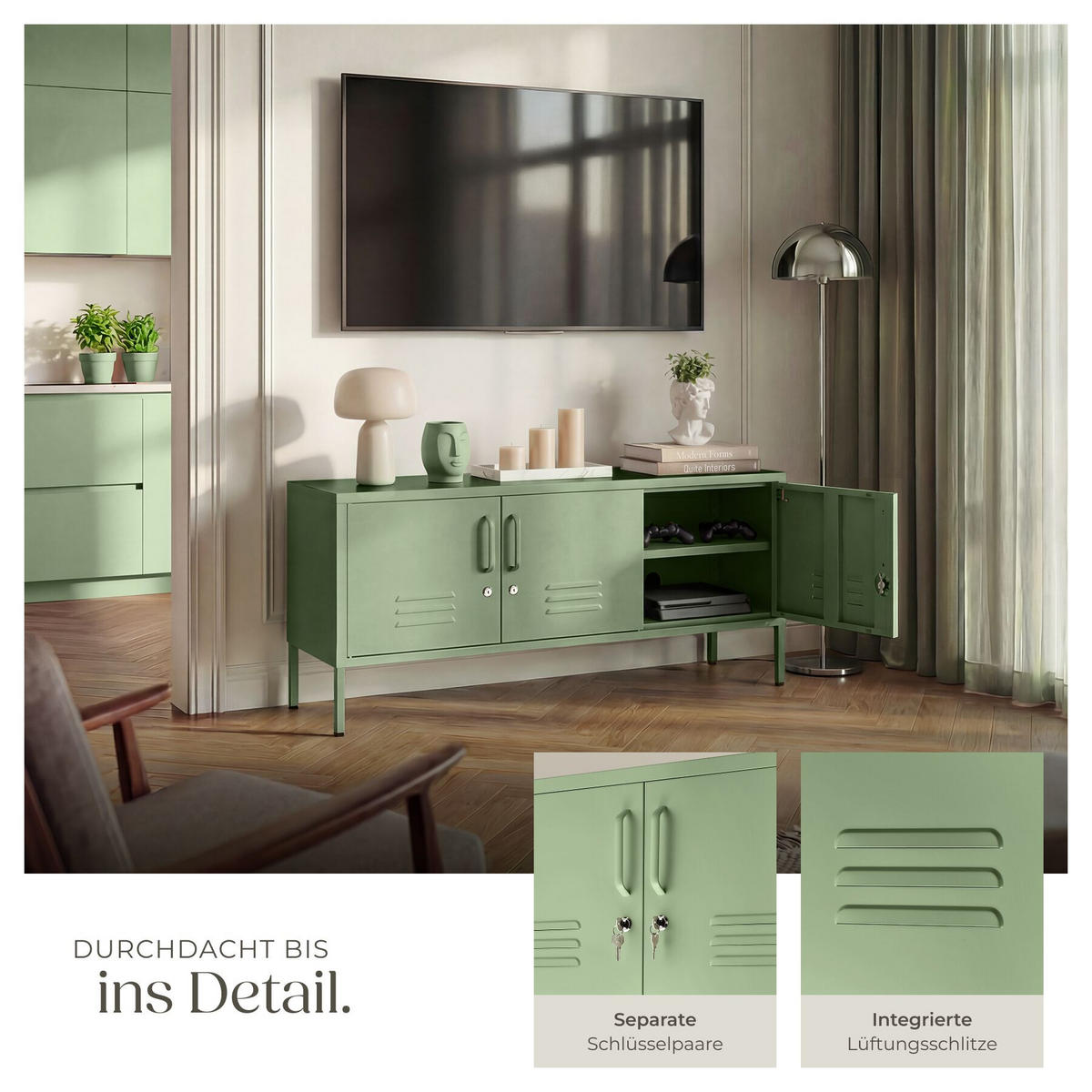 SIDEBOARD Baker, Kippschutz, höhenverstellbare Füße, salbeigrün - Salbeigrün, Metall (120/55.5/37.5cm) - tectake