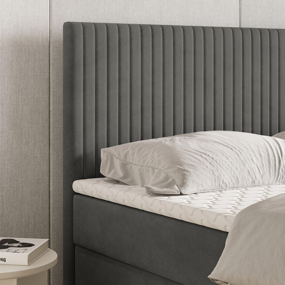 BOXBETT TERVAN 140x200 cm mit Matratze und Topper - Grau - Grau, Holz (140/200cm) - MASSENO