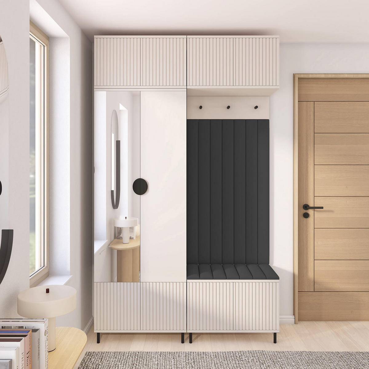 GARDEROBE Ritmo version 2 mit Spiegel, mit POLSTERPANEELEN SCHWARZ - Beige/Schwarz, Holzwerkstoff (140/235/40cm) - Jerpax