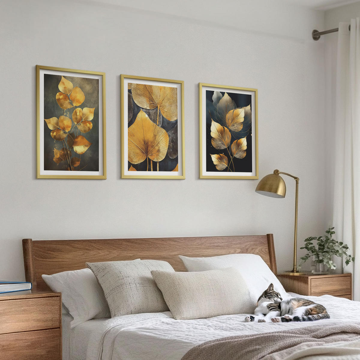 BILDER SET 3er Set - 40x60 cm Goldrahmen - Gelbe Blätter auf dunklem Hintergrund - Goldfarben, Kunststoff (40/60cm) - TULUP