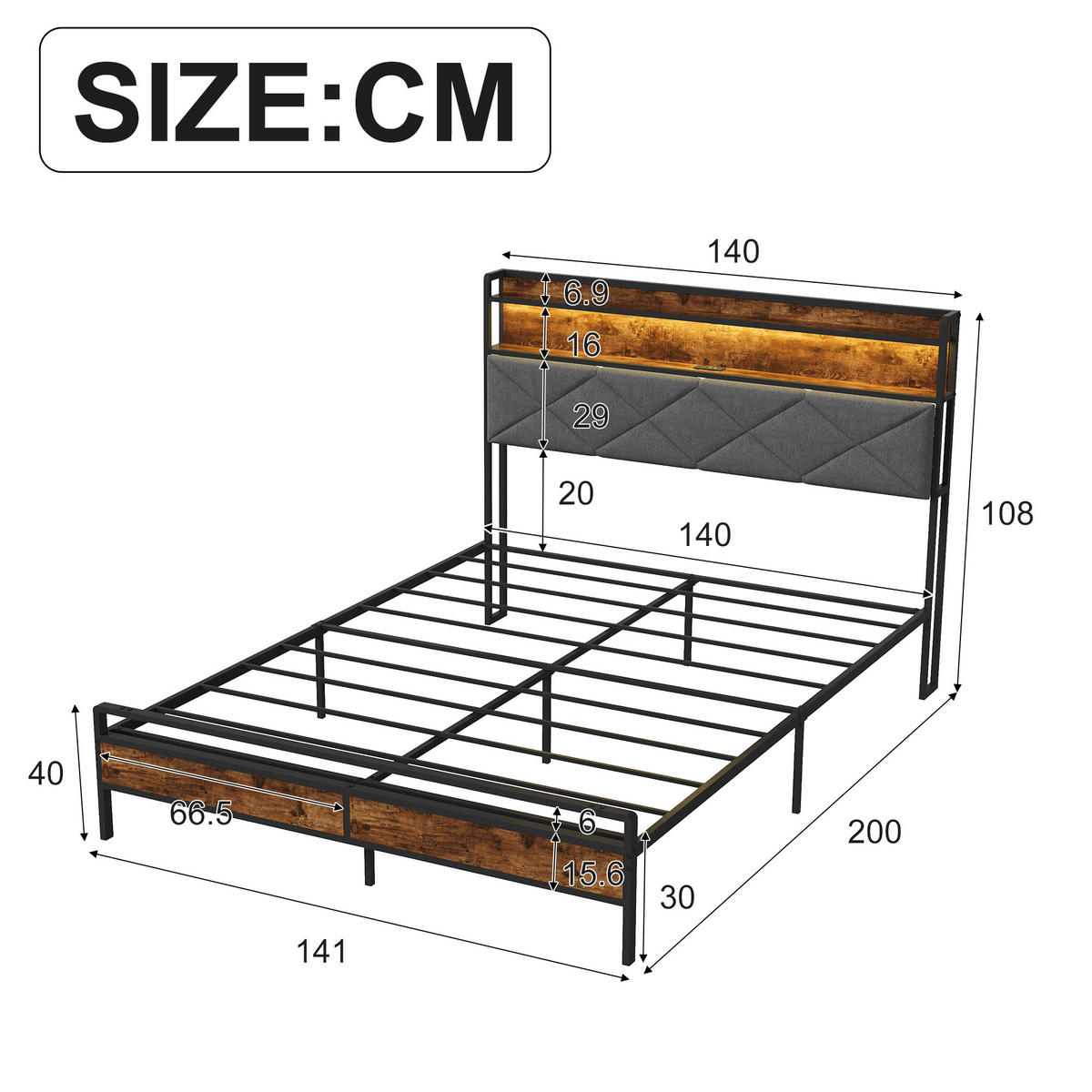 BETTGESTELL 140/200 cm grau Holz Metall mit RGB LED USB - Dunkelgrau, Holz