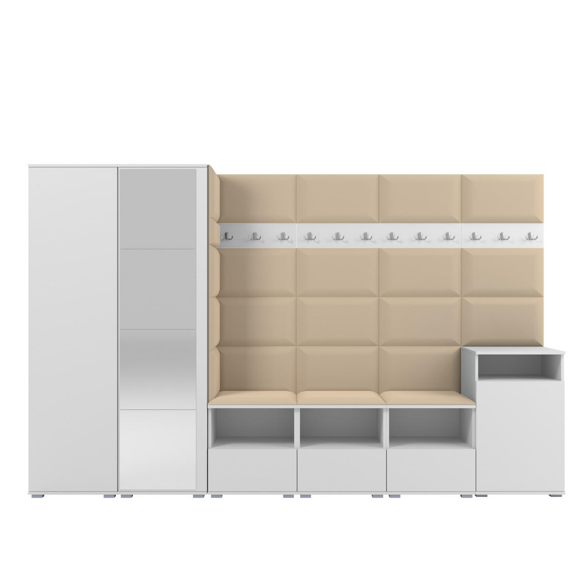 GARDEROBE NELA XII 300 cm (Modulare Flurmöbel Weiß mit Spiegel & Sitzpolster Beige 04 Gigantisches Set) - Beige/Silberfarben, Holz/Holzwerkstoff (300/187/40cm) - Ravio