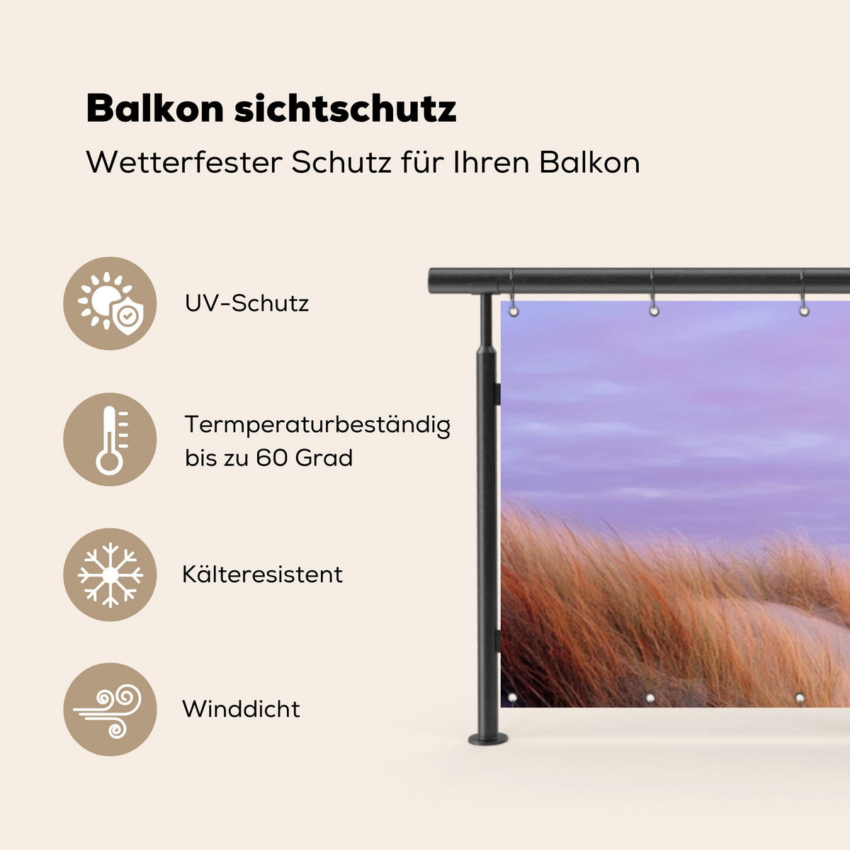 BALKON-SICHTSCHUTZ Leuchtturm - Dünen - Sonnenuntergang 500x110 cm - Hellrosa, Kunststoff (500/110cm) - MuchoWow