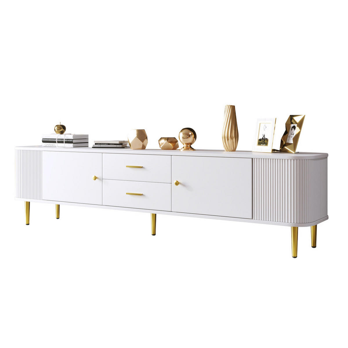 TV-SCHRANK Weiß goldene Griffe & Beine geschwungene Ecken Schubladen - Weiß, Holz (40.64/34.29/57.15cm) - FLIEKS